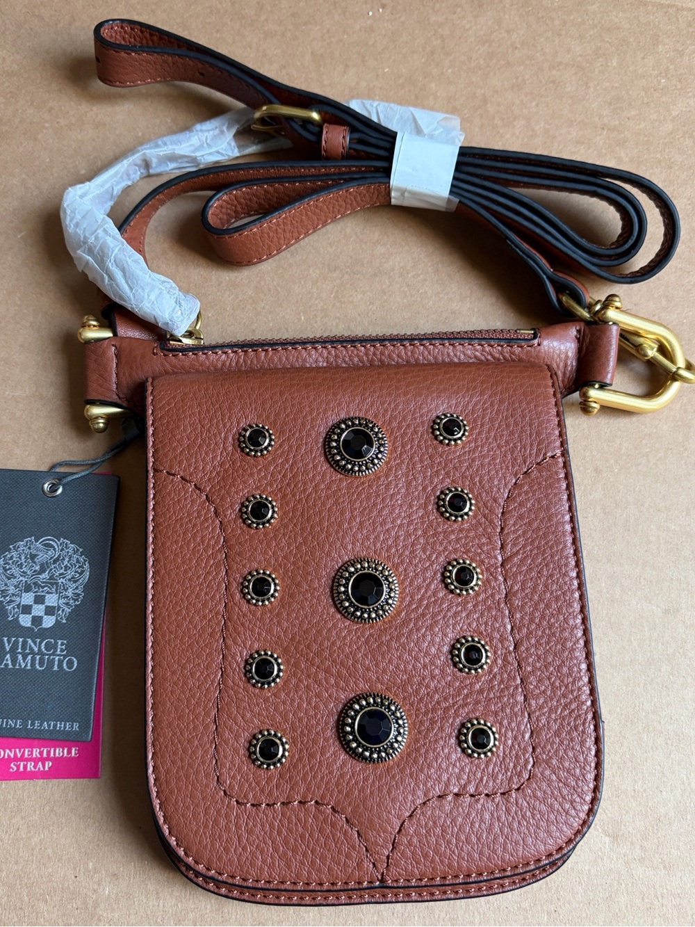 Vince Camuto Chestnut Brown Pebbled Leather Studded Crossbody
